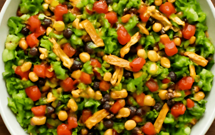 Mixed Mexican chopped salad with beans, tortilla strips, and dressing, in a white bowl on a wooden table.