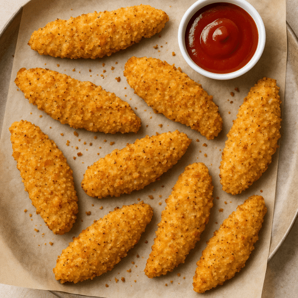Crispy golden oven-baked chicken tenders on parchment paper, with a small bowl of ketchup, on a round tray.