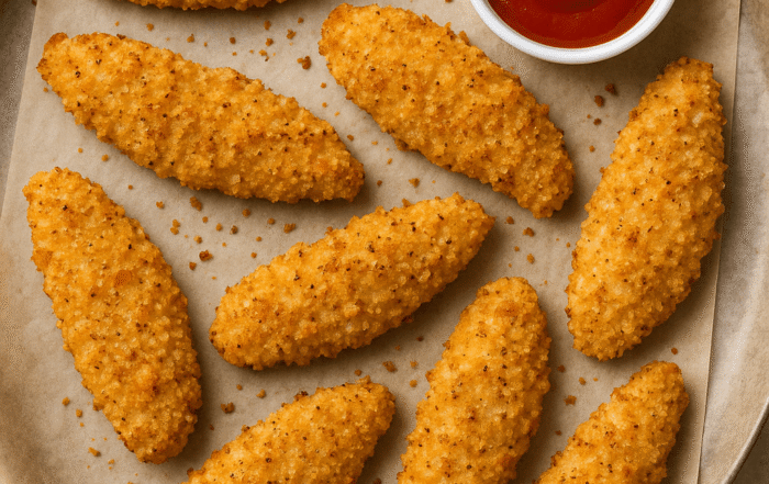 Crispy golden oven-baked chicken tenders on parchment paper, with a small bowl of ketchup, on a round tray.