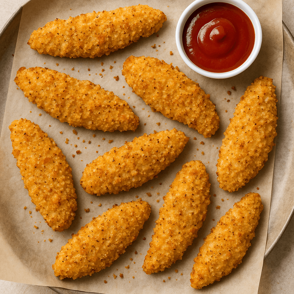 Crispy golden oven-baked chicken tenders on parchment paper, with a small bowl of ketchup, on a round tray.